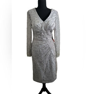 NWT Mac Duggal Platinum Long Sheer Sleeve V-Neck Midi Dress Size 6 Style #12408